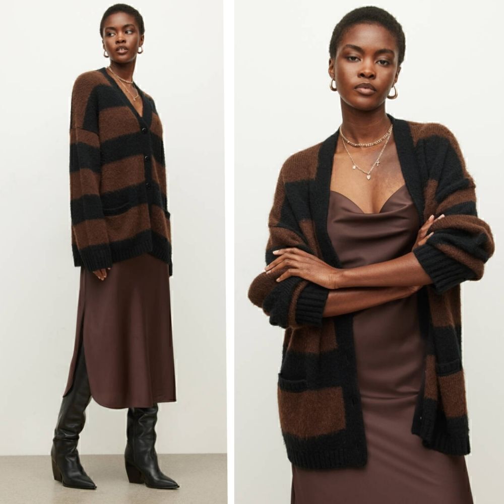 New! AllSaints Lou Stripe Wool Italian Brushed Knit Cardigan Oversized Sweater